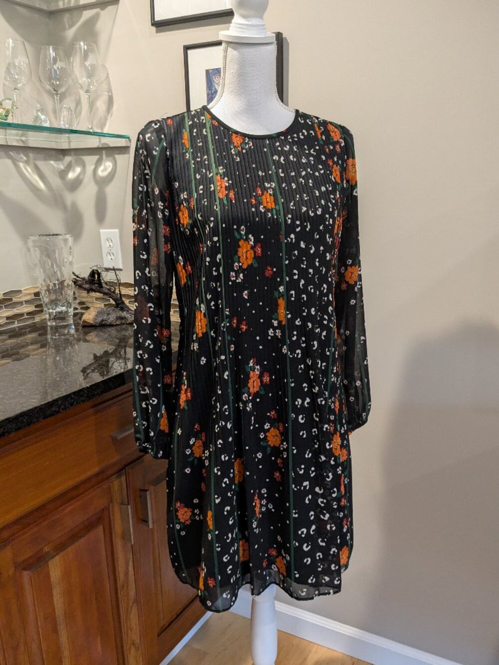 Ann Taylor Romantic Floral Pleated Long Sleeve Swing Dress XS